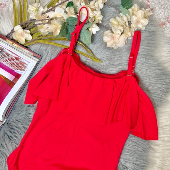NWOT Tahari Red Ruffle One Piece Swimsuit Sample Ruched Tummy Control Sz S - Picture 7 of 9
